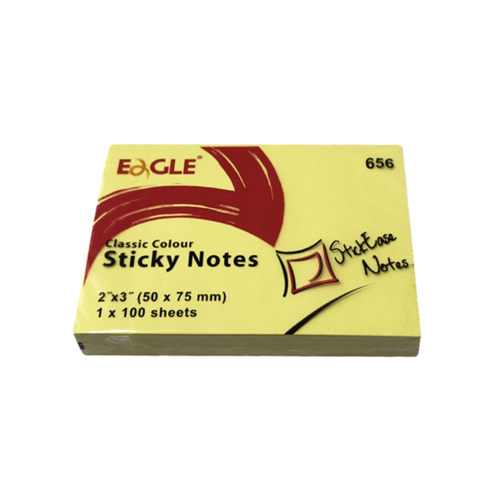 Bloco de notas aderentes Eagle amarelo com embalagem identificada como 50 × 75 mm e 100 folhas