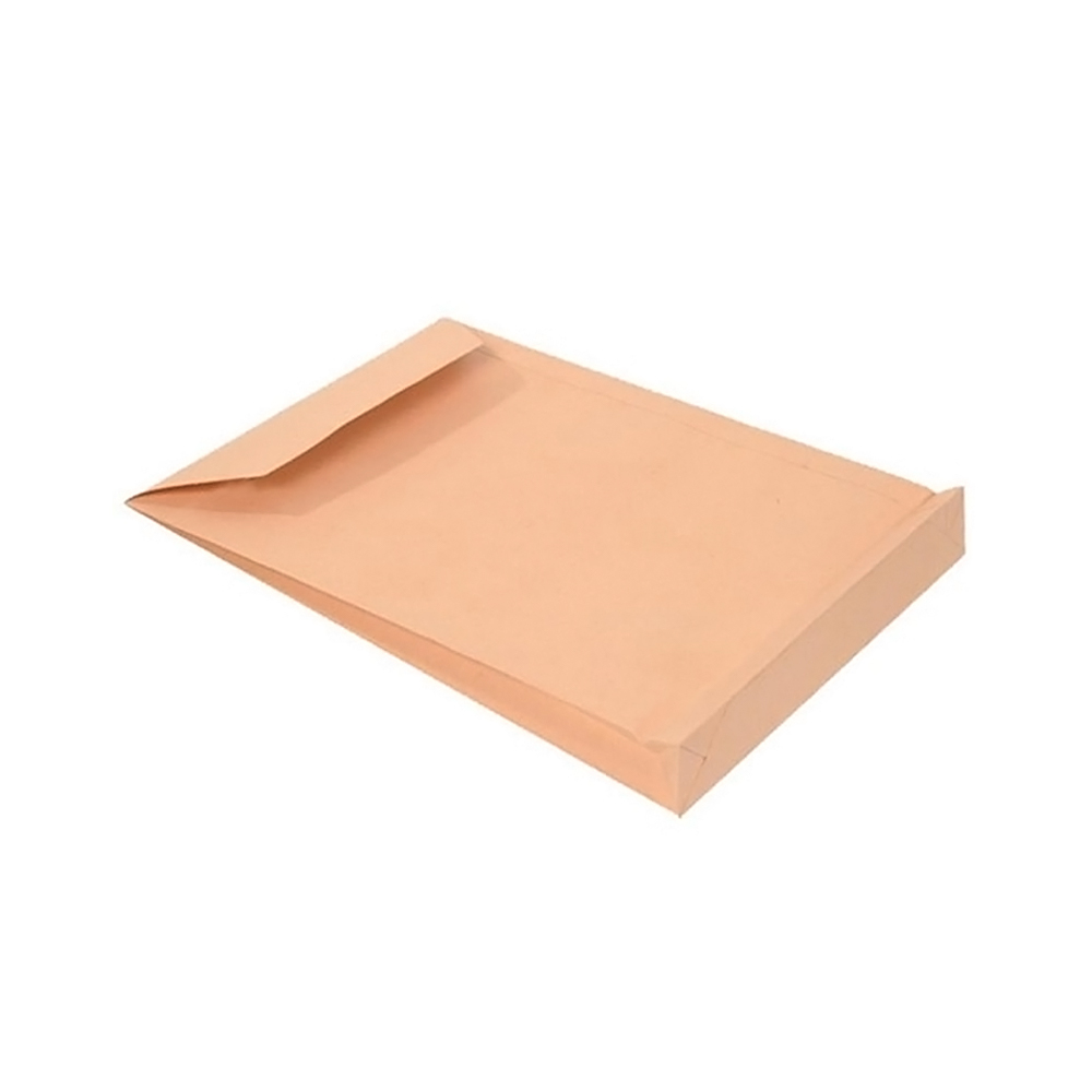 Envelope saco kraft com fole e pala aberta, visto em perspetiva