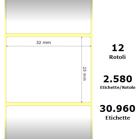 ZE800261-105 White 32x25mm, 2580 Et/Rotolo Z-2000D 1.3x1x1 Core, 12 Rolls