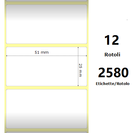 ZE880199-025D White 51x25mm, 2580 Et/Rotolo Z-2000D, 2x1x1 Core, 12 Rolls