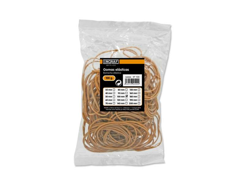 Saco de gomas elásticas Ingraf 100mm, cor castanha, 100 gramas