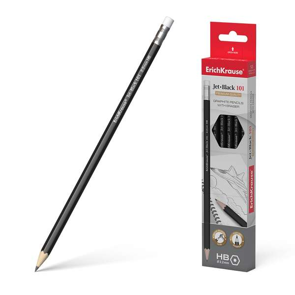 Lápis de grafite ErichKrause Jet-Black 101 preto com borracha e respetiva caixa