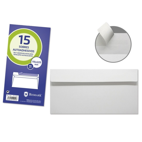 Pack 15 envelopes brancos autocolantes Bismark 115x225mm