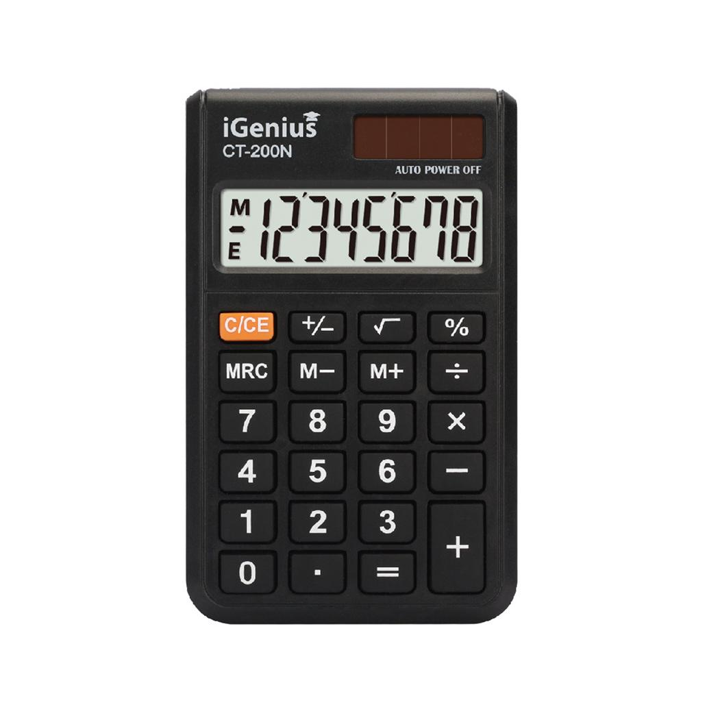 Calculadora de bolso iGenius CT-200N preta com visor de oito dígitos, painel solar e teclas de memória e percentagem