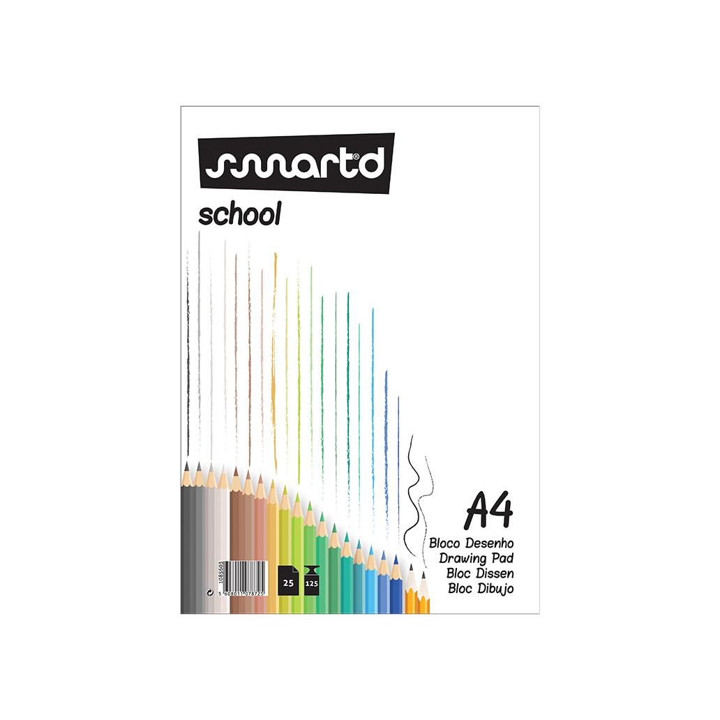Capa do bloco de desenho SmartD School A4 com ilustração de lápis de cores e indicação de 25 folhas e 125 g/m²