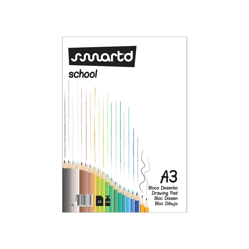 Capa do bloco de desenho SmartD School A3 com ilustração de lápis de cores e indicação de 25 folhas e 125 g/m²